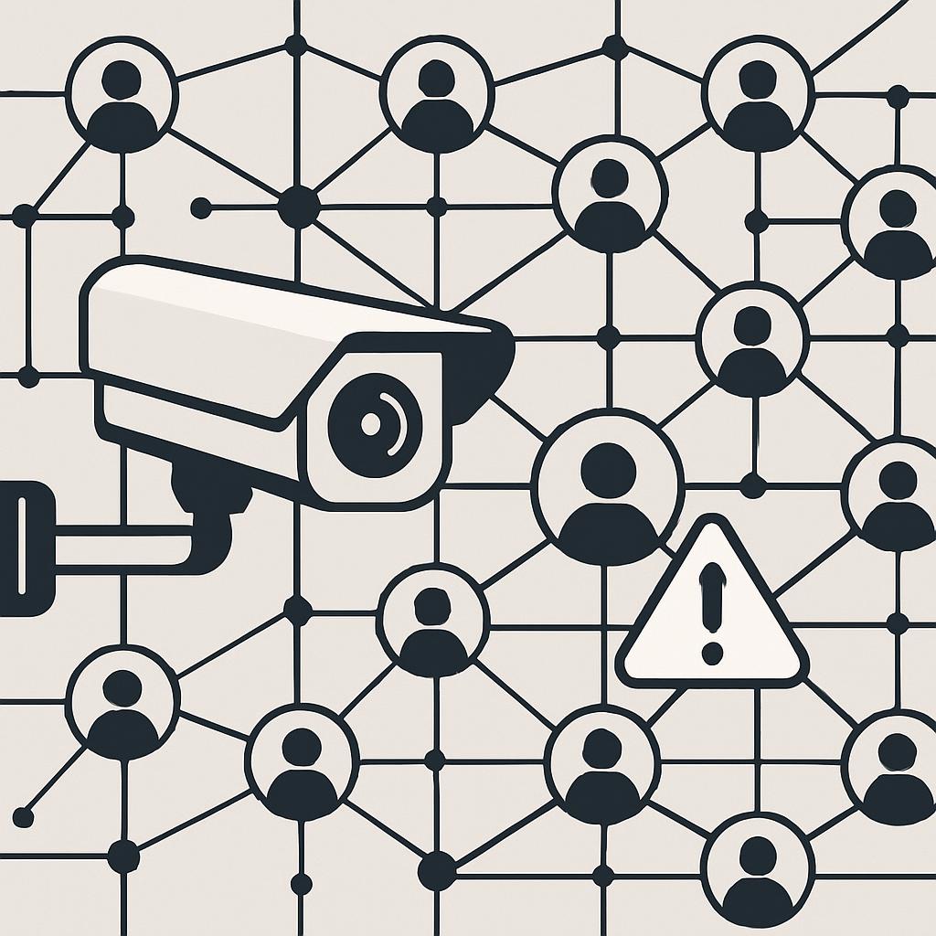 A gray-scale digital illustration of various icons, including a surveillance camera, a warning triangle with an exclamatio...